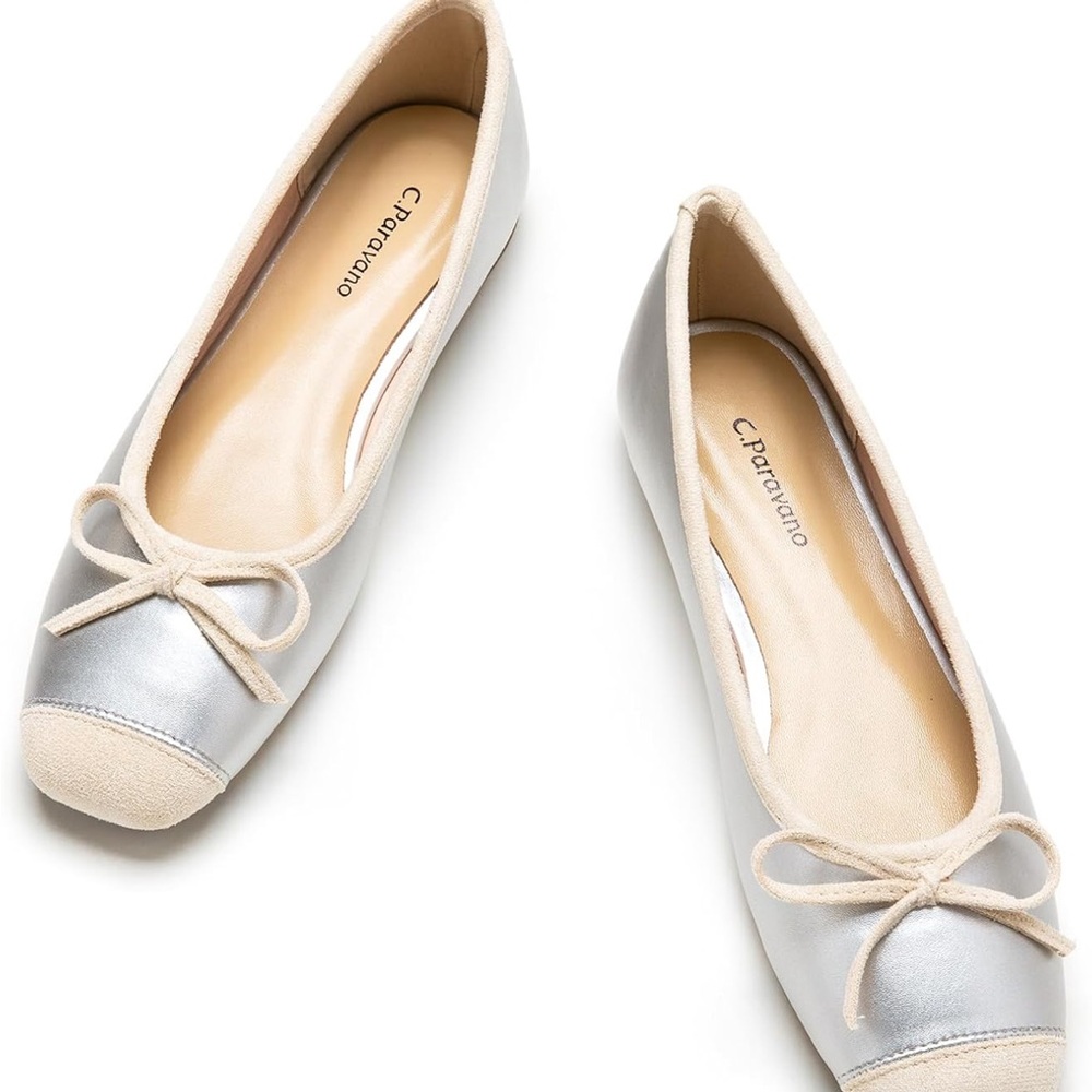 C. Paraviano Silver Ballet Flats with Cream Trim